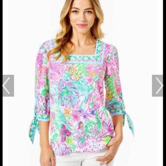 Lilly Pulitzer Pink and Blue Graphic Tie Front Blouse - Picture 1 of 9